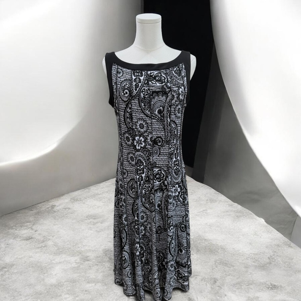 Glamour Black White Paisley Midi Dress Boho‎ Cottagecore Stretch Flowy Size 8